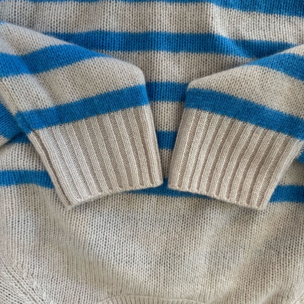 White + Warren 100% Cashmere Blue and Cream/Tan Striped Sweater Large - Picture 5 of 8